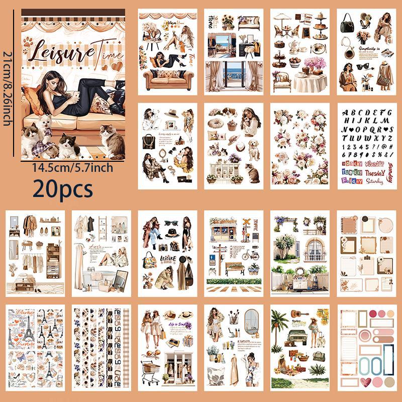 Vintage Character Cat Themed Sticker, 20pcs set Scrapbook & Journal Making Material Paper Sticker, DIY Decorative Sticker for Stationery & Water Bottle & Laptop