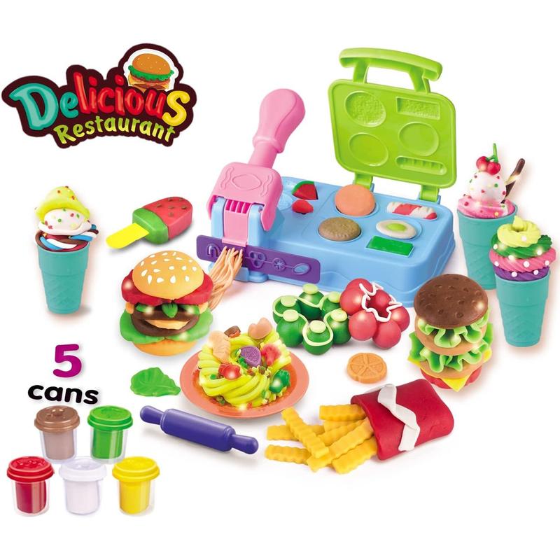 Kitchen Creations Delicious Restaurant Playdough Set,21 Accessories & 5 Cans Colors Play Kitchen Set, Playdough Sets for Kids Ages 4-8,Preschool Play Dough Cooking Toys,Kids Arts & Crafts Toy