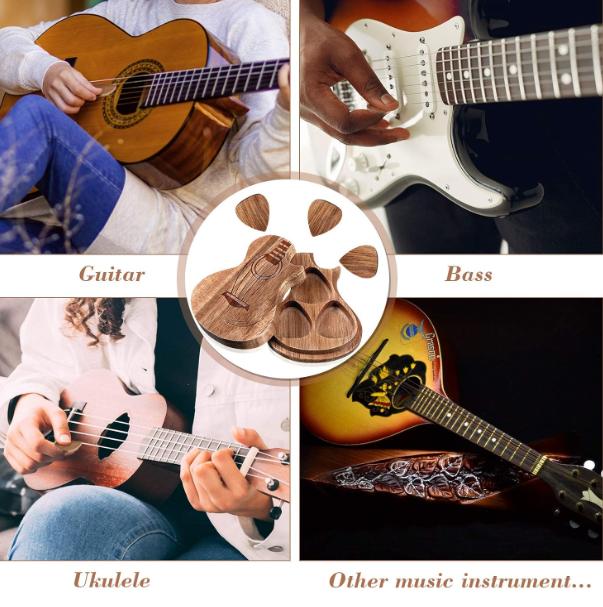 Guitar Pick Box Holder with 3 Pcs Wooden Guitar Picks, Wooden Collector Engraved Guitar Pick Box Classical Triangle Guitar Picks for Present Music Instrument Guitar Bass (Classic)