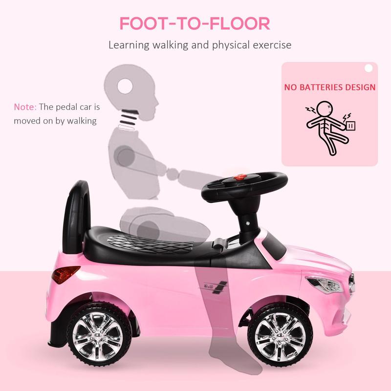 Kids Ride On Push Car, Foot-to-Floor Walking Sliding Toy Car for Toddler with Working Horn, Music, Headlights and Storage, Pink