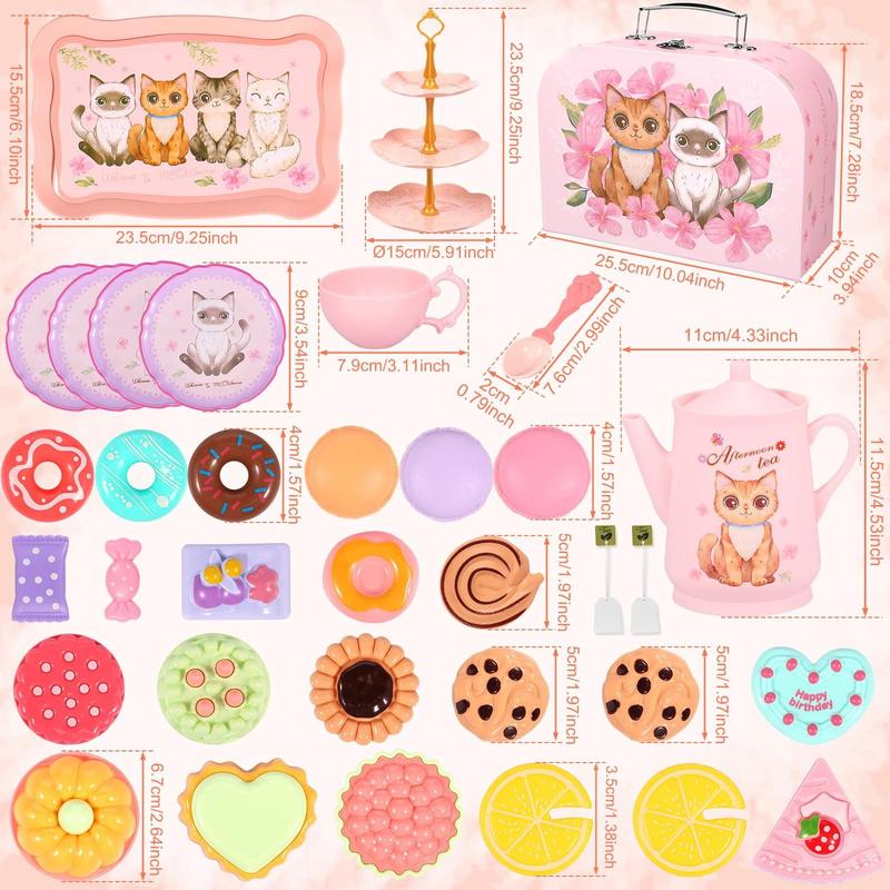 46Pcs Cat Tea Party Set for Little Girls -  Pretend Play Toy, Birthday Gift for Kids, Includes Cat Tea Set, Desserts, and Carrying Case