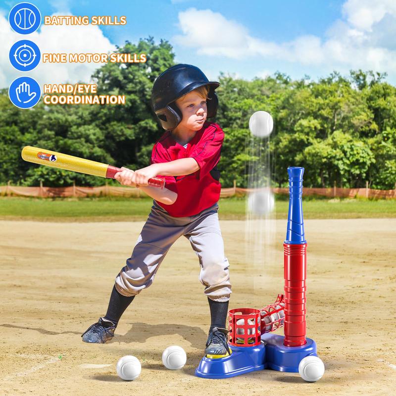 2 in 1 Tee Ball Set ,  Baseball Tee, T-Ball Set with 10 Balls, Step on Pitching Machine, Batting Tee, Outdoor Sport Toy Games