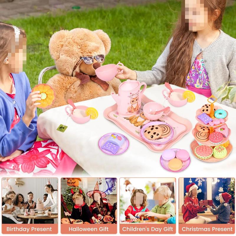 46Pcs Cat Tea Party Set for Little Girls -  Pretend Play Toy, Birthday Gift for Kids, Includes Cat Tea Set, Desserts, and Carrying Case