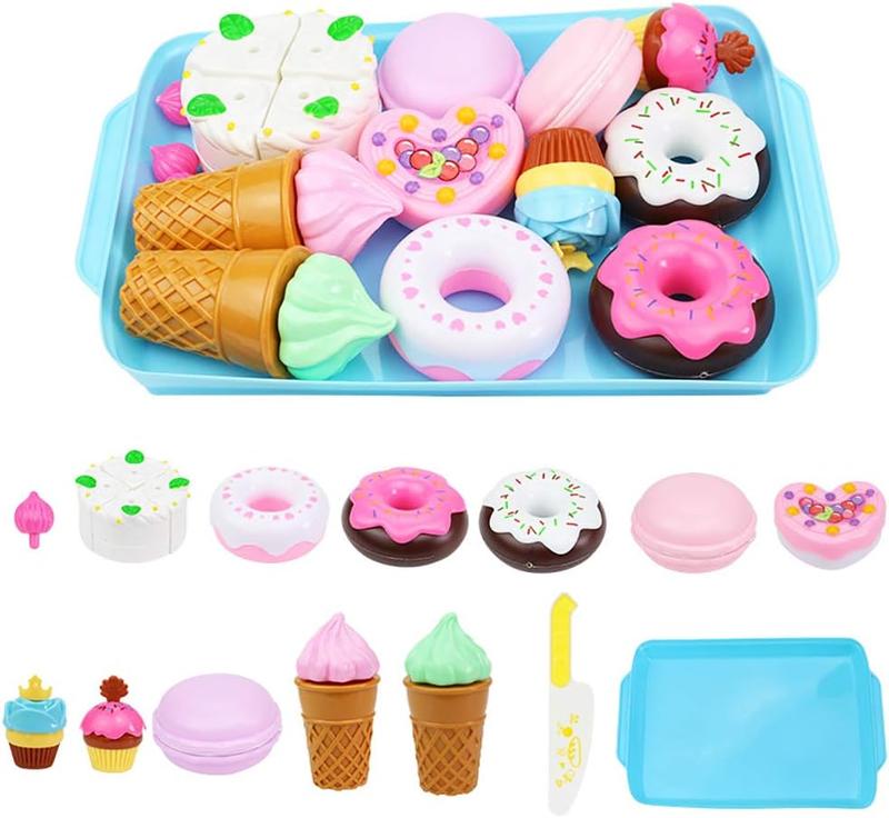 Chrismas Play Food Sets for Kids Kitchen - Kitchen Accessories for Kids - Toy Food - Pretend Play Plastic Desserts Cake Ice Cream and Donuts - Educational Toy Gift for Toddler, Boys, Girls, Kids