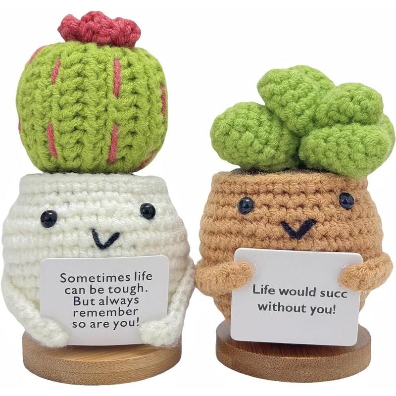 Crochet Positive Cactus Emotional Support Handmade Knitted Cactus Toy Emotional Positive Life Doll Ornaments Gifts with Stand for Adults Friends Room Office Desktop Decor