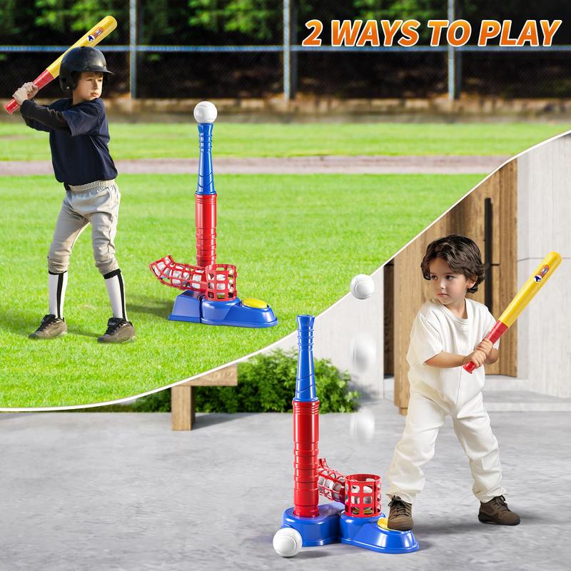 2 in 1 Tee Ball Set ,  Baseball Tee, T-Ball Set with 10 Balls, Step on Pitching Machine, Batting Tee, Outdoor Sport Toy Games