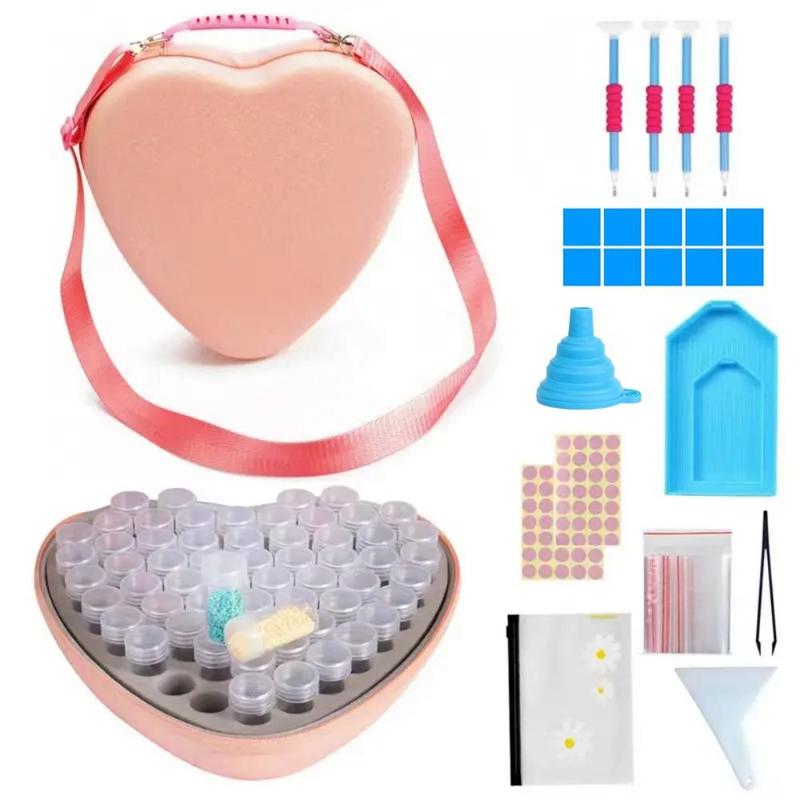 Heart & Round Shaped DIY Diamond Arts Colorful Painting Kit, DIY Diamond Arts Colorful Painting Storage Box with Lattice, Painting Tool Set, Stocking Fillers Gift