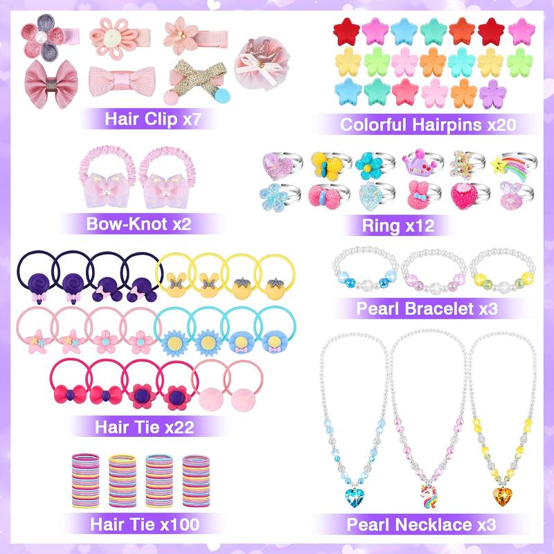 Christmas Gift 172Pcs Jewel Rings, Necklaces, Bracelets, Hair Ties, Hair Clips, Princess Dress Up Toys Pretend Play Set