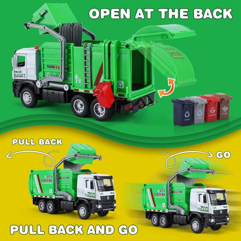 Kids Garbage Truck Toy – Friction-Powered Trash Truck with Light & Sound, Includes 4 Toy Garbage Cans – Best STEM Gift for Toddlers Ages 3+