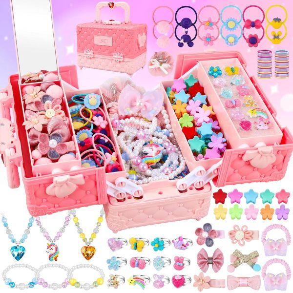 Christmas Gift 172Pcs Jewel Rings, Necklaces, Bracelets, Hair Ties, Hair Clips, Princess Dress Up Toys Pretend Play Set