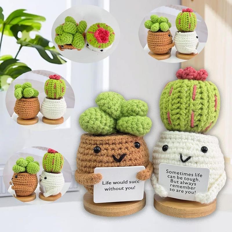 Crochet Positive Cactus Emotional Support Handmade Knitted Cactus Toy Emotional Positive Life Doll Ornaments Gifts with Stand for Adults Friends Room Office Desktop Decor