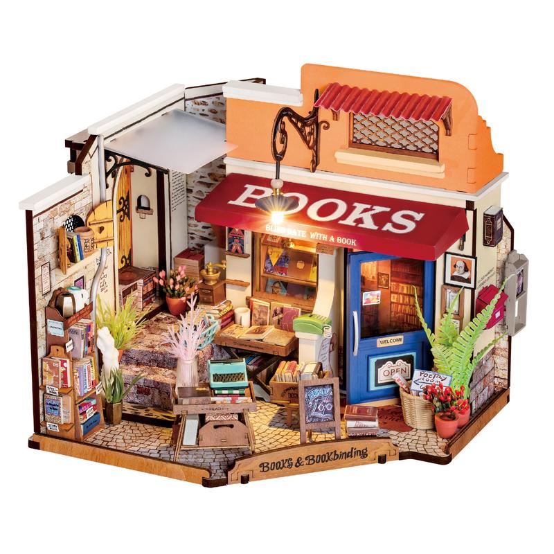 Rolife Miniature House Kit DIY Mini Dollhouse Corner Bookstore Tiny Store Making Kit with LED Wooden Craft Diorama Kit Decorative Hobby Unique Gift