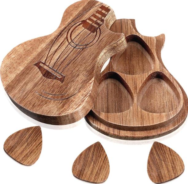 Guitar Pick Box Holder with 3 Pcs Wooden Guitar Picks, Wooden Collector Engraved Guitar Pick Box Classical Triangle Guitar Picks for Present Music Instrument Guitar Bass (Classic)