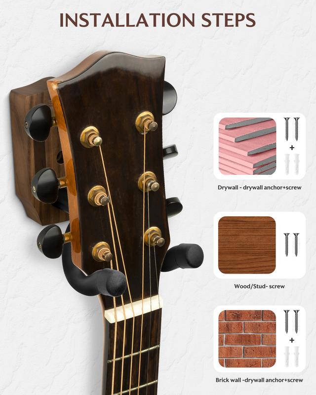 STRICH Guitar Wall Mount, Walnut Base, U-Shaped Wall Hanger with Screws for Classical, Acoustic, Electric Guitar, Banjo, Bass (1-Pack)