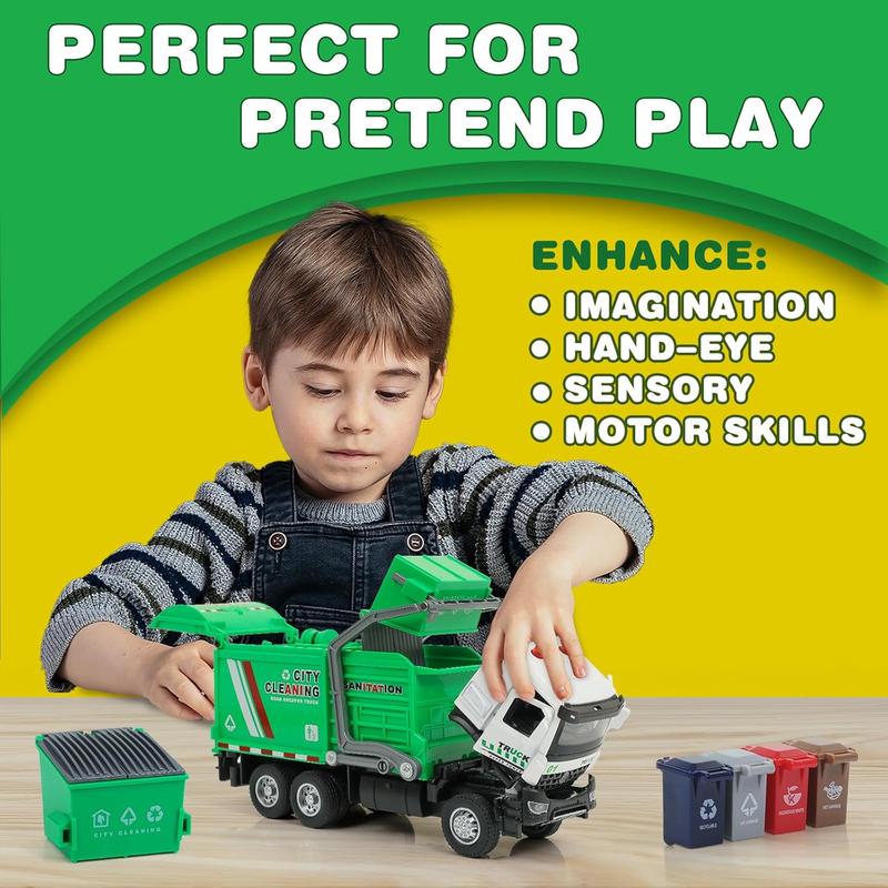 Kids Garbage Truck Toy – Friction-Powered Trash Truck with Light & Sound, Includes 4 Toy Garbage Cans – Best STEM Gift for Toddlers Ages 3+