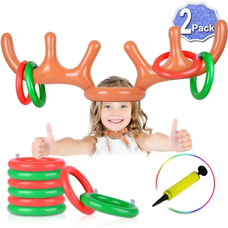 2 Pack Inflatable Reindeer Ring Toss Game With Antlers and 8 Rings, Family Christmas Party Games classroom indoor outdoor fun