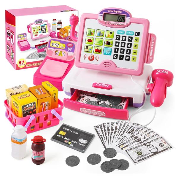 Christmas Gift Pretend Play Calculator Cash Register Toy for Kids - Pink Grocery Store Playset with Realistic Features, 57 Pieces