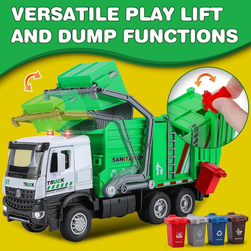 Kids Garbage Truck Toy – Friction-Powered Trash Truck with Light & Sound, Includes 4 Toy Garbage Cans – Best STEM Gift for Toddlers Ages 3+