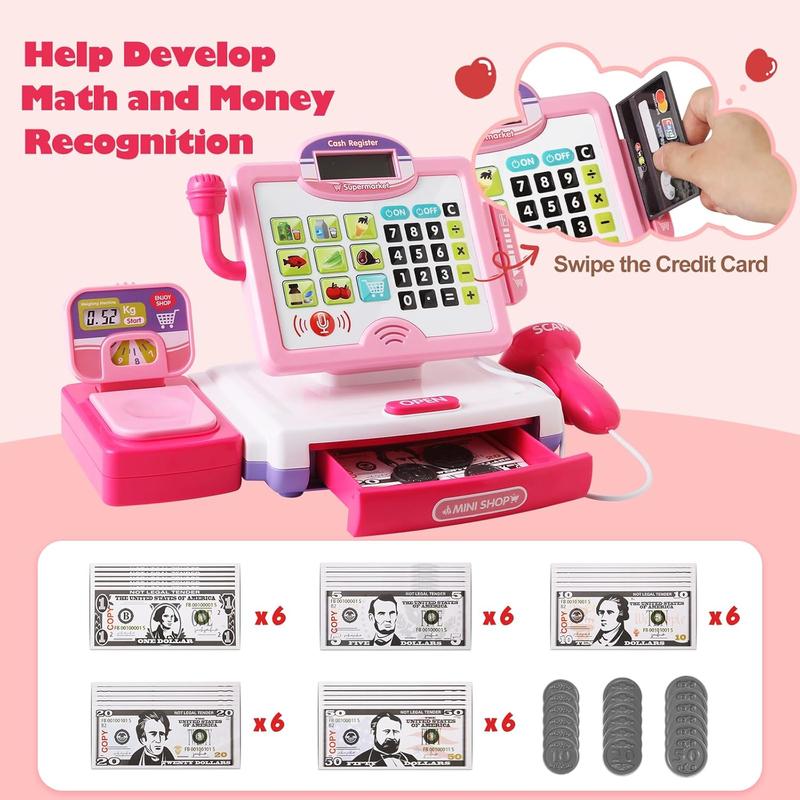 Christmas Gift Pretend Play Calculator Cash Register Toy for Kids - Pink Grocery Store Playset with Realistic Features, 57 Pieces