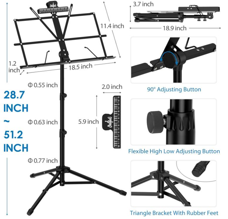 K KASONIC - Music Stand, 2 in 1 Dual-Use Folding Sheet Music Stand & Desktop Book Stand, Portable Lightweight with Music Sheet Clip Holder & Carrying Bag Suitable for Instrumental Performance (Black)