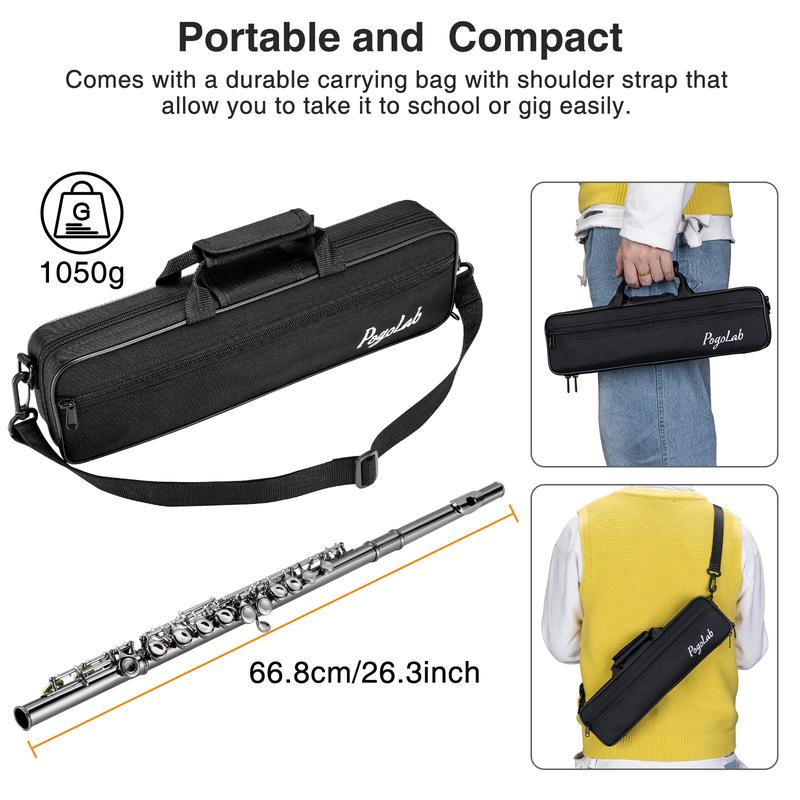 POGOLAB Closed Hole C 16 Keys Flute Instrument, Student Flute for Beginner Advanced Player with Flute Cleaning Kit, Carry Bag, Stand, Strap, Probe Rod, Gloves, for Music Lovers Boys Girls Friends Gift