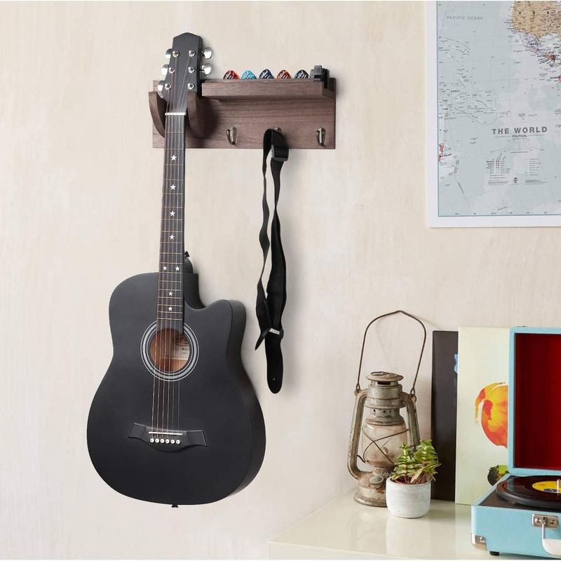 Guitar Wall Hanger Guitar Holder Wall Mount  Guitar Rack with Pick Holder and 3 Hooks for Acoustic Electric and Bass Guitars Weathered Walnut, [U.S. ]