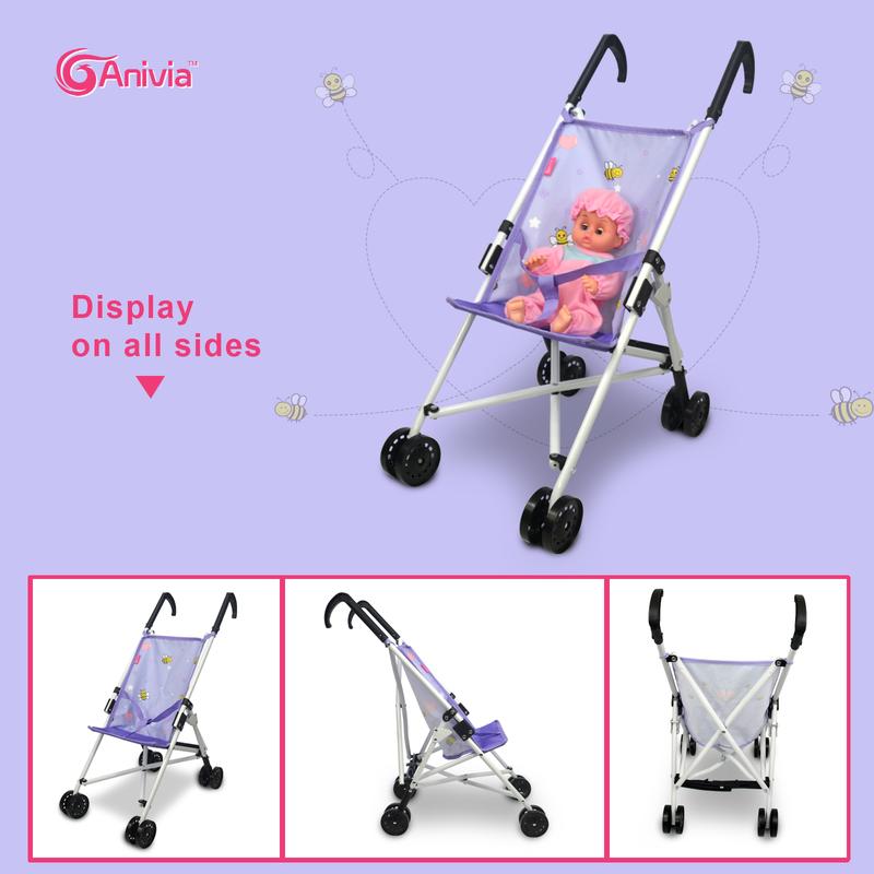 Dolls Pram, Doll Pram for Kids Stroller Dolls Pushchair, Stroller Toys with Kitchen Utensils - Pink Purple