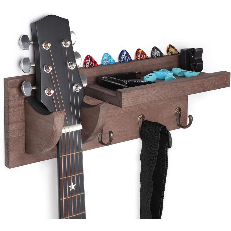 Guitar Wall Hanger Guitar Holder Wall Mount  Guitar Rack with Pick Holder and 3 Hooks for Acoustic Electric and Bass Guitars Weathered Walnut, [U.S. ]