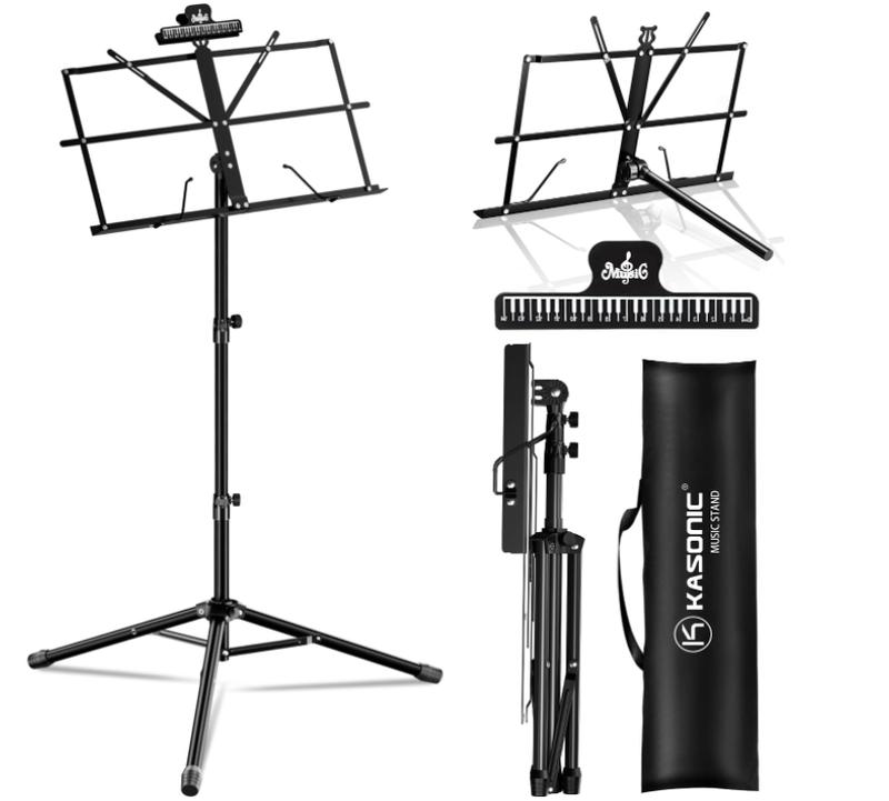 K KASONIC - Music Stand, 2 in 1 Dual-Use Folding Sheet Music Stand & Desktop Book Stand, Portable Lightweight with Music Sheet Clip Holder & Carrying Bag Suitable for Instrumental Performance (Black)