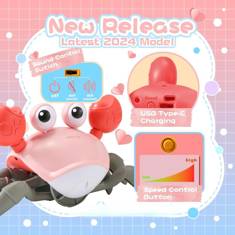 Pink Crawling Crab  2.0 - Running Cute Sensory Crab  Girl month Gift Development Learning Crawl  - Voice&Rate Control - Automatic inductive obstacle avoidance - Music&Light