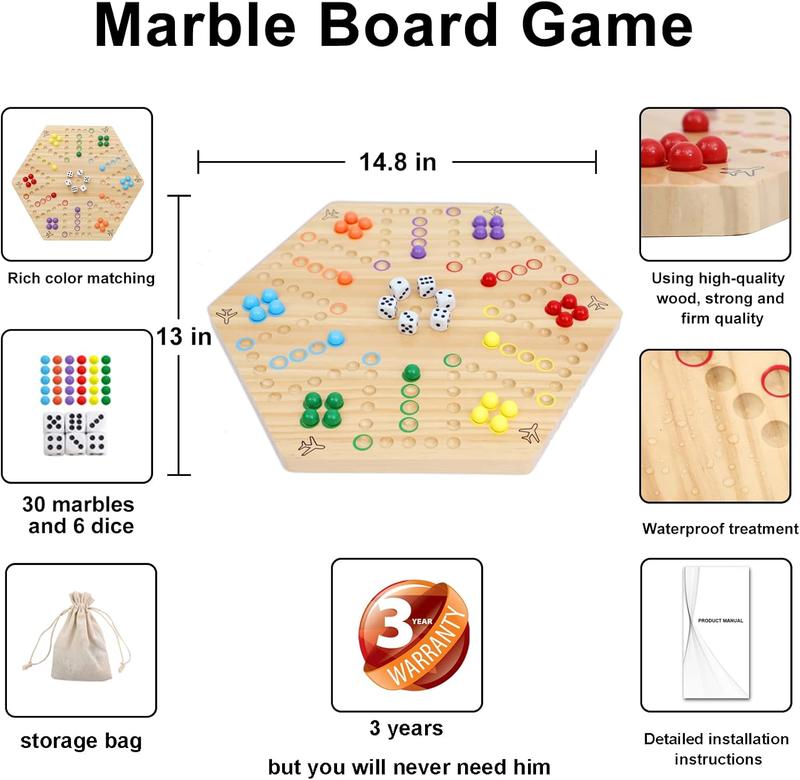 Wahoo Board Game Wooden Original Aggravation Board Game Classic 2 Side Painted Fast Track Game for 4 Player and 6 Player with 30 Marbles,12 Dices for Family Game Night(Small,Log)