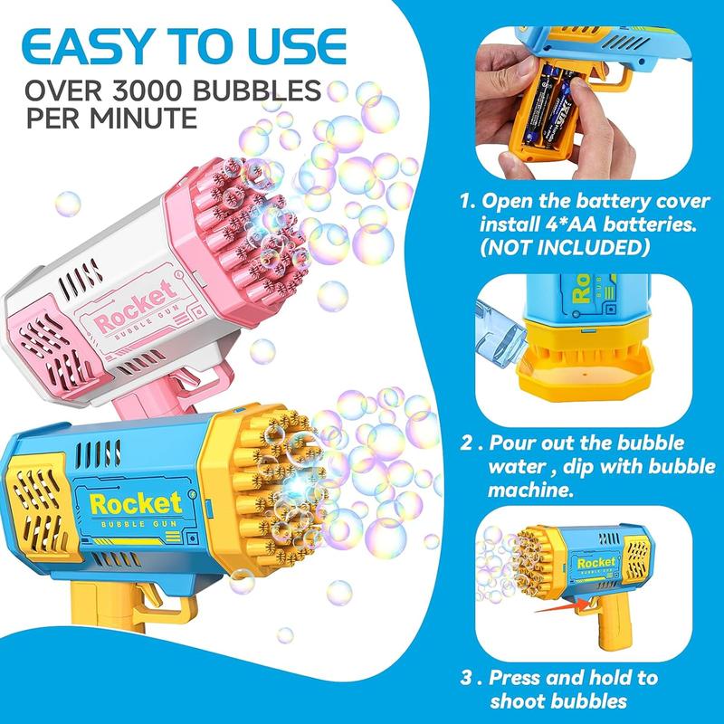 Bubble Gun 2 Pack with 2 Bottles Bubble Solution, 40-Hole Light Up Dip Bubble Machine for Kids, Bubble Toy for 3 4 5 6 7 8 Years Old Boys Outdoor Indoor Kid Birthday Wedding Party(Pink, Blue))