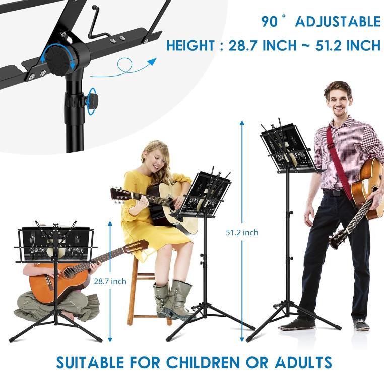 K KASONIC - Music Stand, 2 in 1 Dual-Use Folding Sheet Music Stand & Desktop Book Stand, Portable Lightweight with Music Sheet Clip Holder & Carrying Bag Suitable for Instrumental Performance (Black)