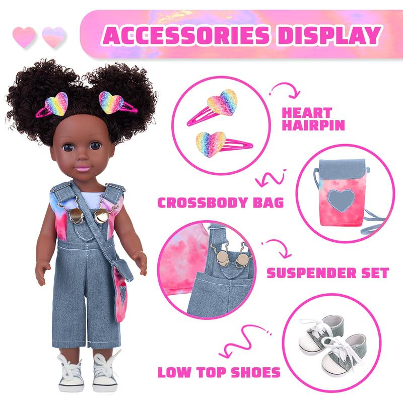 Baby Doll with Tie-Dye Rainbow Top and Clothes Set 14.5 Inch Black Doll Silicone Black Doll Realistic Black Girl Doll