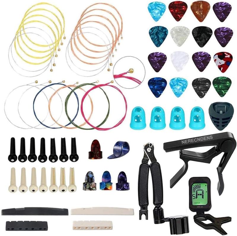 66PCS Guitar Accessories Kit with Acoustic Strings, Picks, Capo, Winder & Cutter, Tuner, and Bones