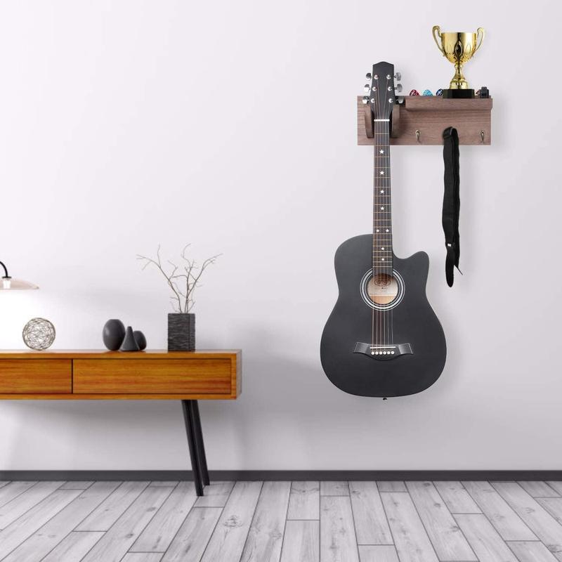 Guitar Wall Hanger Guitar Holder Wall Mount  Guitar Rack with Pick Holder and 3 Hooks for Acoustic Electric and Bass Guitars Weathered Walnut, [U.S. ]