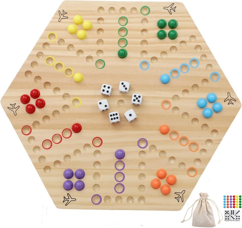 Wahoo Board Game Wooden Original Aggravation Board Game Classic 2 Side Painted Fast Track Game for 4 Player and 6 Player with 30 Marbles,12 Dices for Family Game Night(Small,Log)