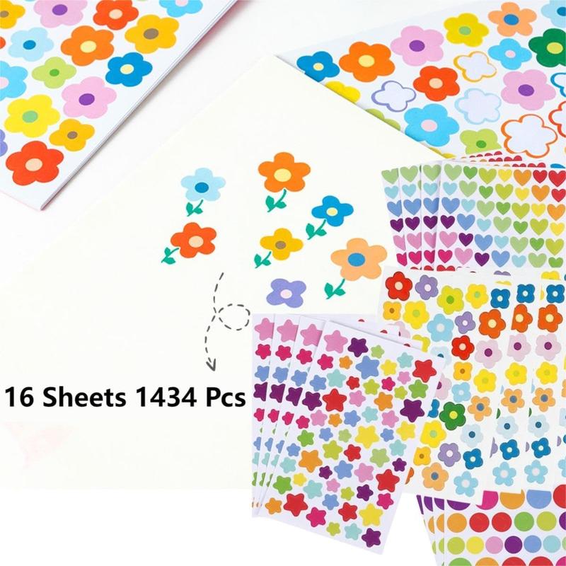 16 Sheets 1434 count Colorful Mini Flower,Dot, Heart and Star Shape Self Adhesive Stickers,for Scrapbooking and DIY Arts Crafts (Mini Flower,Mixed dots,Hearts,Stars,4 Sheets of Each Type)