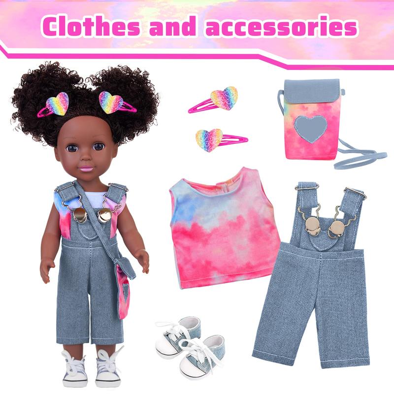 Baby Doll with Tie-Dye Rainbow Top and Clothes Set 14.5 Inch Black Doll Silicone Black Doll Realistic Black Girl Doll