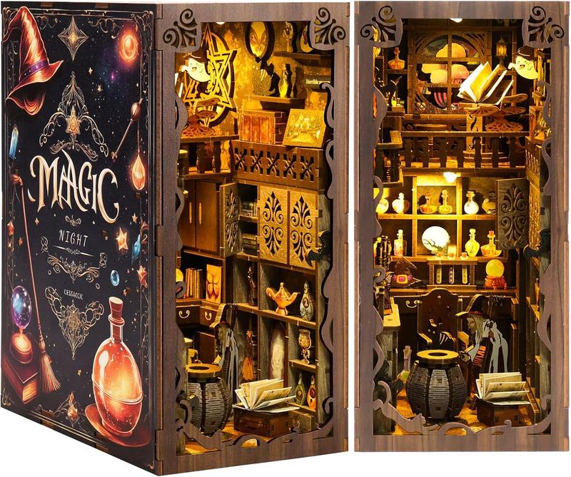 Book Nook Kit - Magic Night, 3D Wooden Puzzle Bookends with LED Lights, DIY Miniature Dollhouse Kits, Bookshelf Decorations and Gift Ideas for Adults, Book Lovers, and Teenagers 14+ Years Old