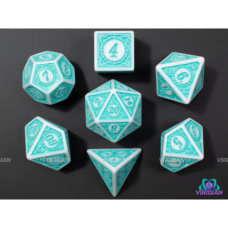 Turquoise Fizz  | Roaring 20s: Stylized Bright Teal & White | Acrylic Dice Set (7)