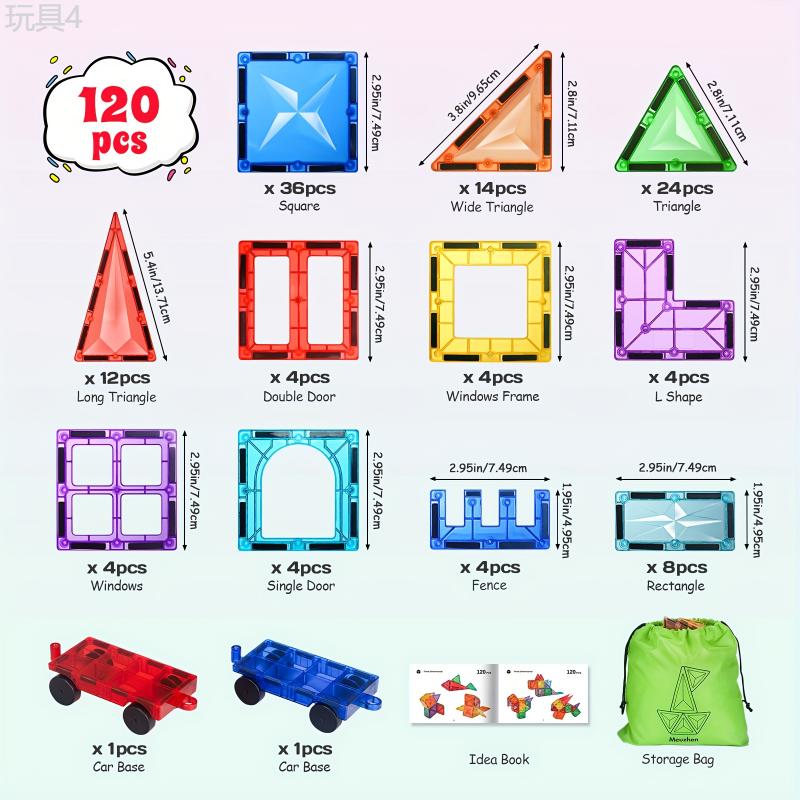 120 102 80PCS Deluxe Magnetic Tiles With 2 Cars Toy Set, 3D Diamond Magnet Tiles Building Blocks, Toys For 3 - 8 Years, STEM Preschool Kids Sensory Educational Toys Gift For Boys Girls