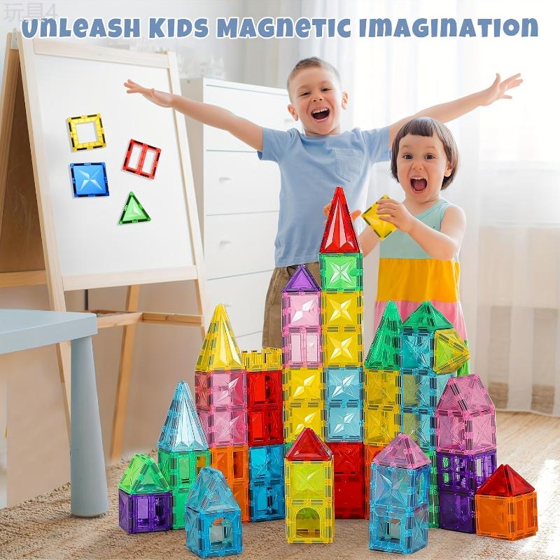 120 102 80PCS Deluxe Magnetic Tiles With 2 Cars Toy Set, 3D Diamond Magnet Tiles Building Blocks, Toys For 3 - 8 Years, STEM Preschool Kids Sensory Educational Toys Gift For Boys Girls