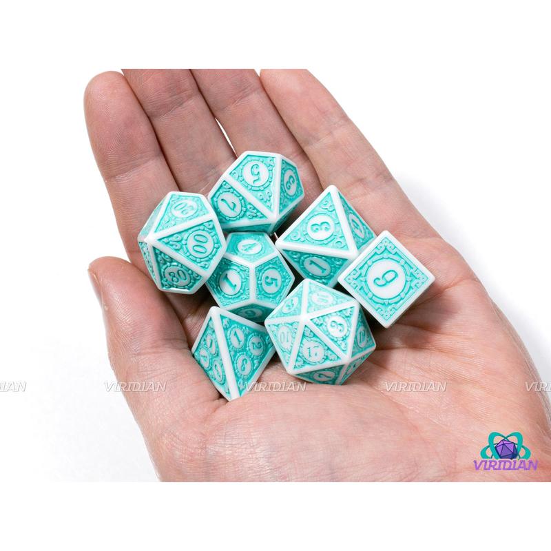 Turquoise Fizz  | Roaring 20s: Stylized Bright Teal & White | Acrylic Dice Set (7)