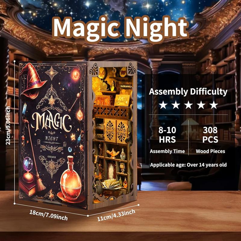 Book Nook Kit - Magic Night, 3D Wooden Puzzle Bookends with LED Lights, DIY Miniature Dollhouse Kits, Bookshelf Decorations and Gift Ideas for Adults, Book Lovers, and Teenagers 14+ Years Old