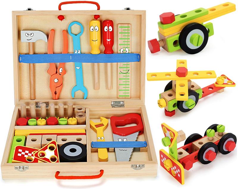 Tool Kit for Kids, 43 Pack Wooden Toddler Tools Set Include Tool Box, Montessori Stem Learning Educational Construction Toys for 3 4 5 6 Year Old Boys Girls, Christmas Birthday Gift for Kids