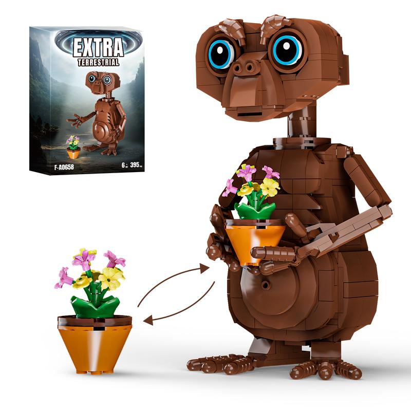 Strange Alien Building Block Set with Flower Basket for Adults, Construction Figure Building Set for Collectors, Sci-Fi Figure Merch for Kids, Educational Surprise Toy for Christmas Birthday Present building block stress relief