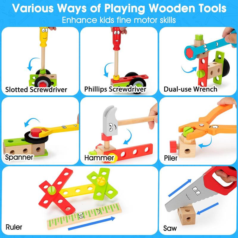 Tool Kit for Kids, 43 Pack Wooden Toddler Tools Set Include Tool Box, Montessori Stem Learning Educational Construction Toys for 3 4 5 6 Year Old Boys Girls, Christmas Birthday Gift for Kids