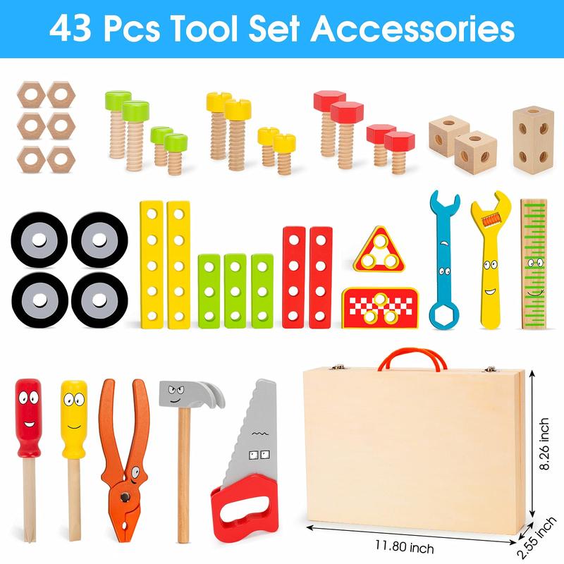 Tool Kit for Kids, 43 Pack Wooden Toddler Tools Set Include Tool Box, Montessori Stem Learning Educational Construction Toys for 3 4 5 6 Year Old Boys Girls, Christmas Birthday Gift for Kids