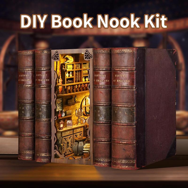 Book Nook Kit - Magic Night, 3D Wooden Puzzle Bookends with LED Lights, DIY Miniature Dollhouse Kits, Bookshelf Decorations and Gift Ideas for Adults, Book Lovers, and Teenagers 14+ Years Old